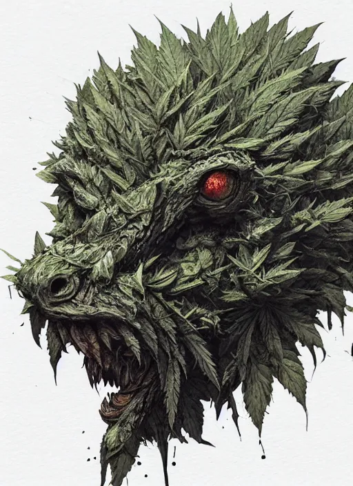 Image similar to Monster made of pot leaves, marijuana, watercolor, dramatic lighting, cinematic, establishing shot, extremely high detail, foto realistic, cinematic lighting, pen and ink, intricate line drawings, by Yoshitaka Amano, Ruan Jia, Kentaro Miura, Artgerm, post processed, concept art, artstation,