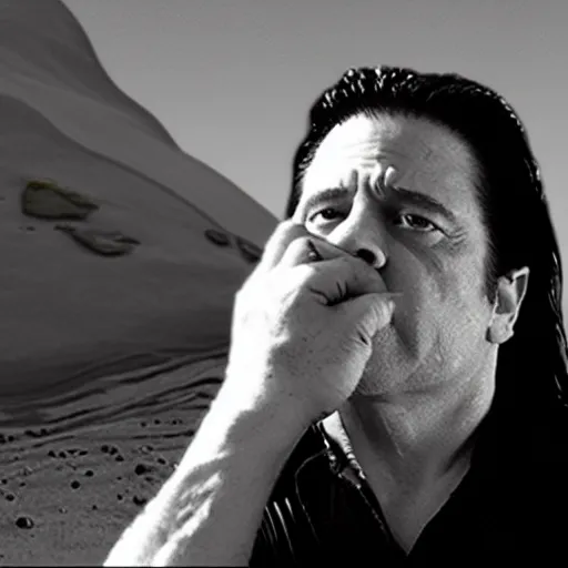 Image similar to glenn danzig is very confused on the surface of mars and there are aliens trying to give him a pill,