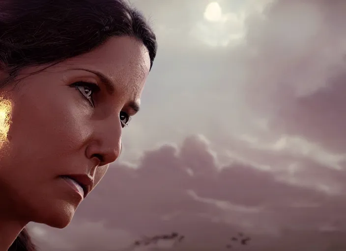 Prompt: close up cinematic artwork of tulsi gabbard staring down the enemy on the battlefield by Greg Rutkowski, 4k, masterpiece