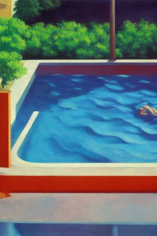 Image similar to liminal vaporwave summer swimming pool surrealism, painted by Edward Hopper, airbrush