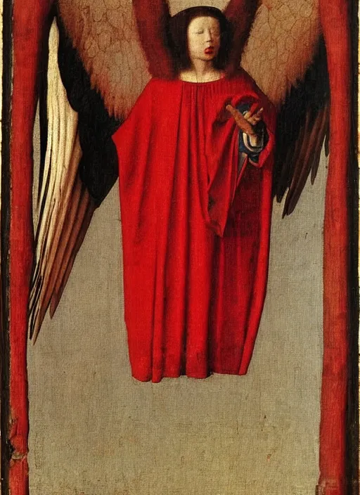 Image similar to Flying Fallen Angel dressed in red, Medieval painting by Jan van Eyck, Johannes Vermeer, Florence