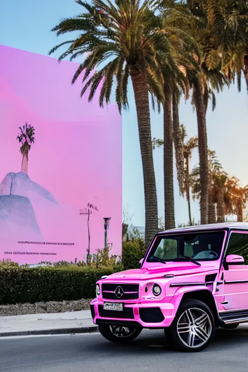 Prompt: Photo of a 2019 pink Mercedes-Benz G63 parked on the road with Rodeo drive in the background, wide shot, poster, rule of thirds, photo print, golden hour, daylight, vibrant, volumetric lighting, award winning