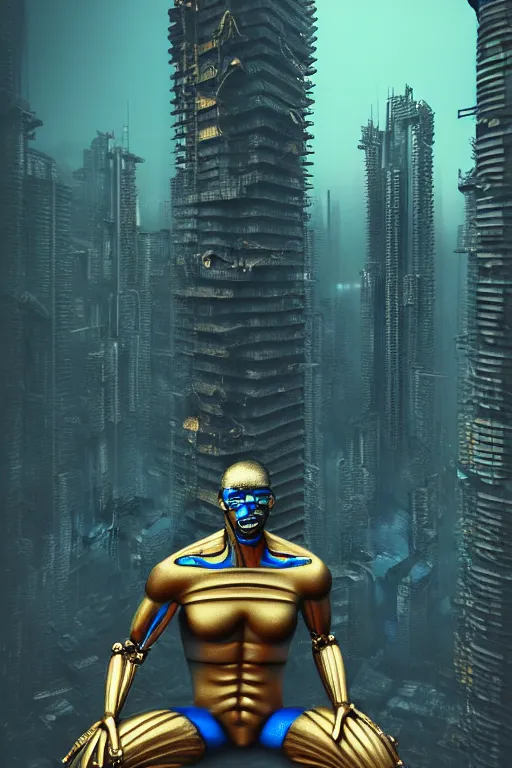 Image similar to high quality 3 d render brutalist cyborg! muscular man monkey blue hybrid sitting, gold madhubani, highly detailed, cyberpunk!! mumbai in the background, unreal engine cinematic smooth, szukalski & blade runner, moody light, low angle, uhd 8 k, sharp focus