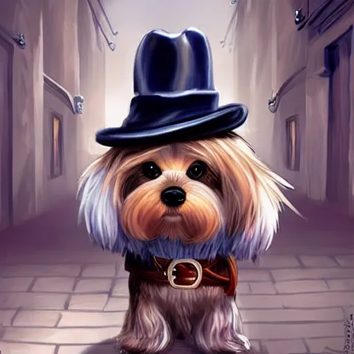 Prompt: detective yorkshire terrier wearing a fedora, disney eyes, in a dark alley, by D&D Concept Artists