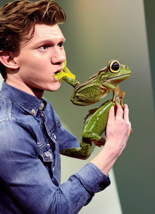 Prompt: a photograph of Tom Holland swallowing a live frog