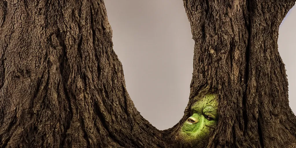 Prompt: a tree that resembles an ogre, closeup, studio lighting, deep colors, apocalyptic setting, dark