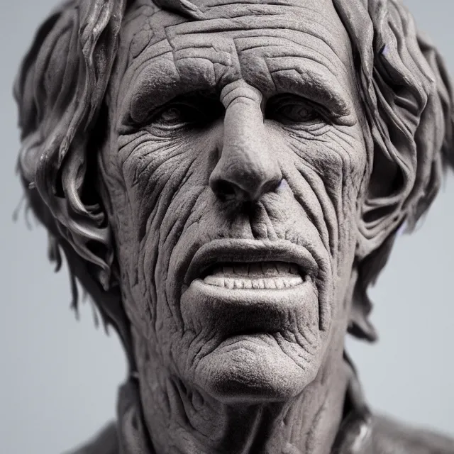 Image similar to photography of a bust of Keith Richards made of clay by Sebastian Kruger and Michelangelo, 50mm, studio atmosphere, 8K, rim light, octane render, ultra-realistic