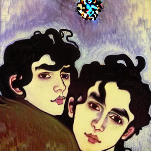 Image similar to painting of young cute handsome beautiful dark medium wavy hair man in his 2 0 s named shadow taehyung and cute handsome beautiful min - jun together at the halloween party, bubbling cauldron, candles, smoke, tarot, autumn colors, elegant, stylized, soft facial features, delicate facial features, art by alphonse mucha, vincent van gogh, egon schiele