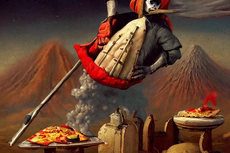 Image similar to a highly detailed pulcinella!!! from naples with pizza!! in the foreground, volcano in the background with smoke, blazing fire and glowing lava, full body, wide angle, an ultrafine detailed painting by odd nerdrum, post - apocalyptic vibe, trending on deviantart, whimsical, lowbrow, coherent, sharp focus, octane, masterpiece