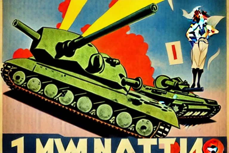 Image similar to 1940s, war, anime, poster, smiling tanks