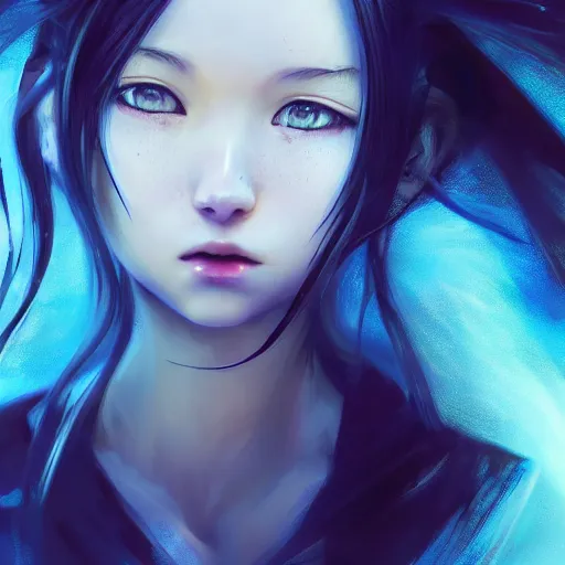 Image similar to advanced digital portrait painting photograph, a anime girl traversing liminal space, full body, very long black hair, azure blue watery eyes, full round face, cinematic lighting, medium shot, mid-shot, highly detailed, trending on artstation, Unreal Engine 4k, Stanley Artgerm Lau, WLOP, Rossdraws, James Jean, Andrei Riabovitchev, Marc Simonetti, and Sakimichan