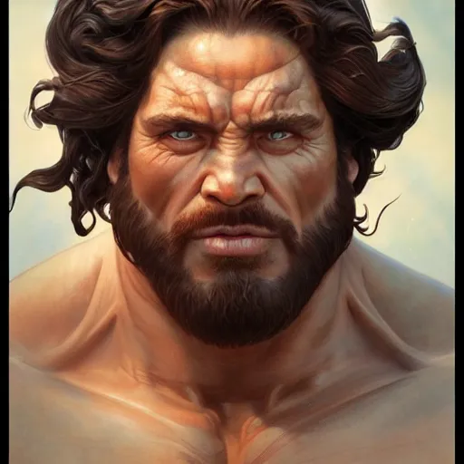 Image similar to hulking herculean ogre jesus christ, masterpiece, intricate, elegant, highly detailed, digital painting, artstation, concept art, smooth, sharp focus, illustration, art by artgerm and greg rutkowski and alphonse mucha and uang guangjian and gil elvgren and sachin teng, symmetry!!