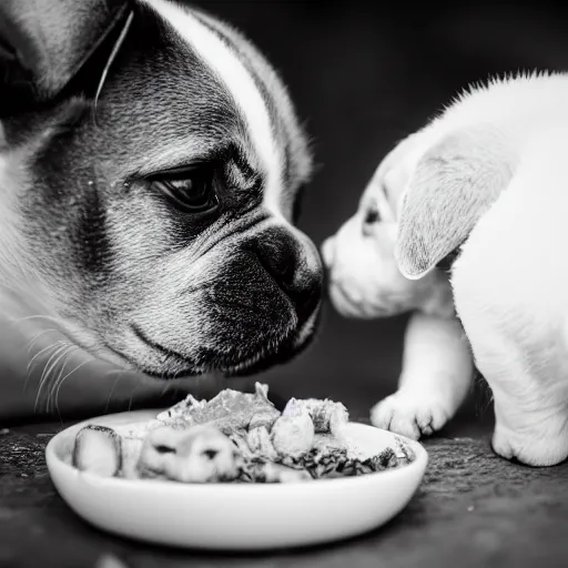 Image similar to black and white photography of a puppie giving some food to baby cat, animal photography, award winning photography by Leonardo Espina