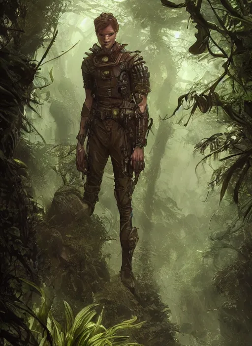 Prompt: a handsome male sci-fi solider exploring a magical rain forest, D&D, fantasy, intricate, cinematic lighting, highly detailed, digital painting, artstation, concept art, smooth, sharp focus, illustration, art by Terry Moore and Greg Rutkowski and Alphonse Mucha