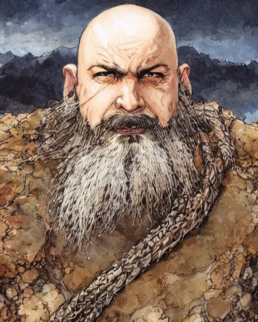 Prompt: a bald warrior male dwarf with long brown braided beard in a barren mountainous landscape, art by yoshitaka amano and michael whelan