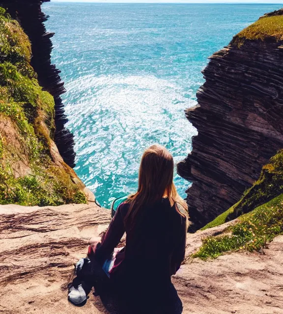 Image similar to a girl sitting on a cliff overlooking a beach