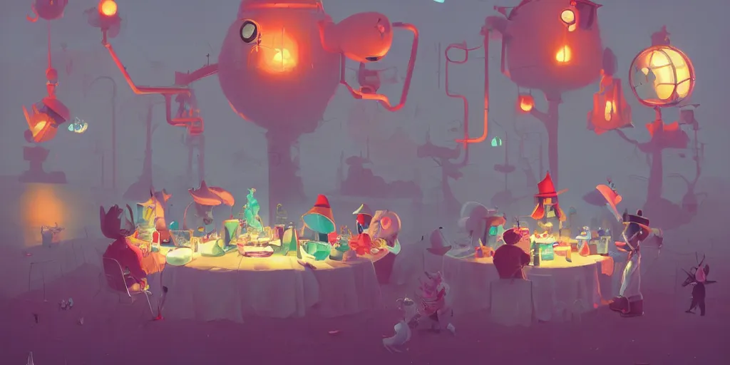 Prompt: Mad hatters tea party by Goro Fujita and Simon Stalenhag , 8k, trending on artstation, hyper detailed, cinematic