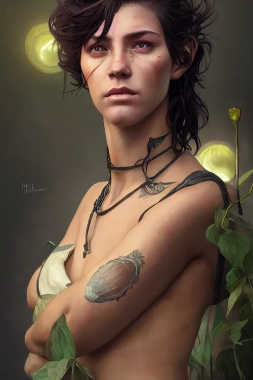 Prompt: photorealistic portrait of a young butch solarpunk woman, handsome, female, masculine, upper body, fantasy, fierce, sharp features, intricate, elegant, highly detailed, digital painting, artstation, concept art, matte, sharp focus, illustration, art by artgerm and greg rutkowski and alphonse mucha