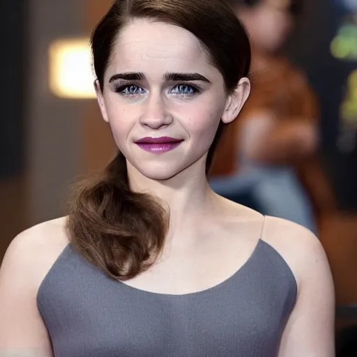 Image similar to a woman who is a genetic combination of emilia clarke and emma watson face and upper - body focus