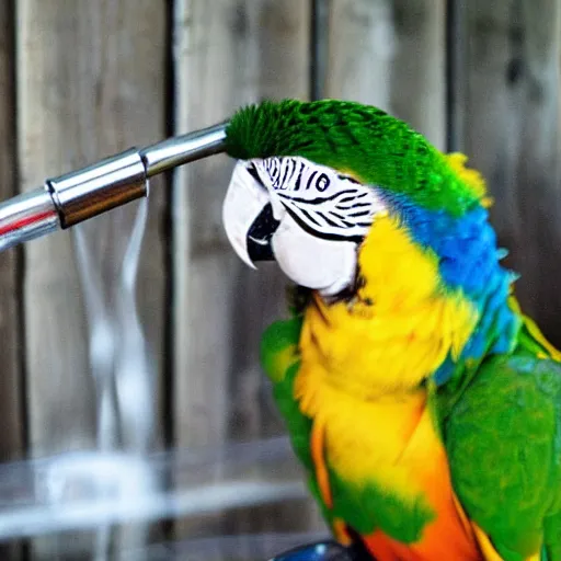 Image similar to a parrot drinking a beer from a garden hose,