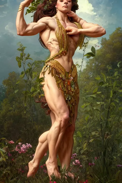 Prompt: goddess of nature, accurate anatomy, only two hands, highly detailed, digital painting, artstation, concept art, smooth, sharp focus, illustration, Unreal Engine 5, 8K, art by artgerm and greg rutkowski and alphonse mucha and IFBB pro fitness photograph