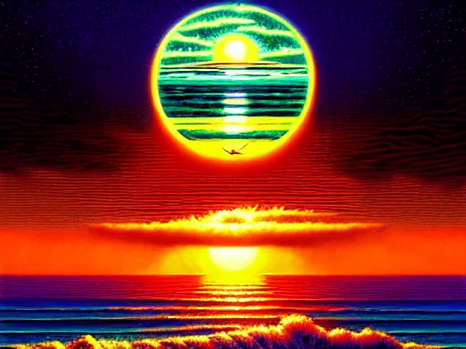 Prompt: the sun rising just above the horizon over the sea by dan mumford and tim hildebrandt and donato giancola and ted withers and peter driben and greg rutkowski and roberto ferri, green water, synthwave, retrowave, highly detailed, high contrast, intricate details, blended palette, trending on art station, stunning visuals, creative, cinematic