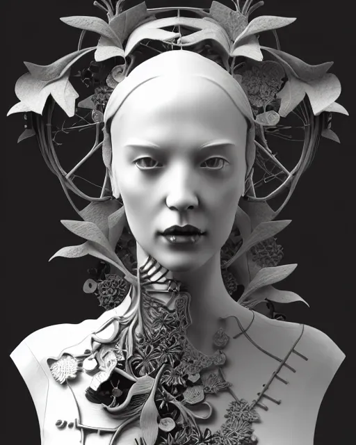 Prompt: monochrome 3 d model, 1 9 4 0 picture, floral steampunk biomechanical beautiful young female cyborg with porcelain profile face and a techno eye, volumetric light, leaves foliage and stems, hibiscus flowers, boho vines, sinuous fine roots, fine foliage lace, alexander mcqueen, rim light, big gothic fashion pearl embroidered collar, octane render, 8 k