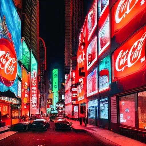 Image similar to a cyberpunk city with crazy illuminated coca - cola and apple signs