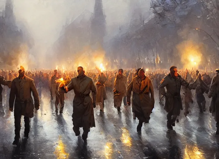 Prompt: ukrainian people marching to kill vladmir putin, lit by candles, digital painting, artstation, concept art, craig mullins, breathtaking, 8 k resolution, extremely detailed, beautiful, establishing shot, artistic, hyperrealistic, octane render, cinematic lighting, dramatic lighting, masterpiece, light brazen, extremely detailed and beautiful face