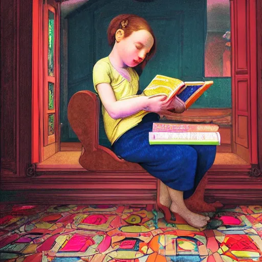 Prompt: illustration of a beautiful child reading books, portraied inside a futuristic maximalist hyperdetailed room. in the style of Caravaggio, Michelangelo, Paul Gauguin, Modigliani, with flemish baroque vibrant shiny maximalist 3d textures in soft pastel tones. matte background. HD 8x sharp