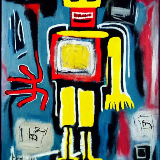 Image similar to basquiat oil painting of robot sneakers, balenciaga,
