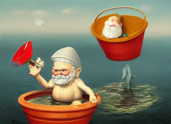 Image similar to a garden gnome sailing across a small bucket of water, an ultrafine detailed painting by mark ryden, trending on deviantart, pop surrealism, whimsical, lowbrow, grotesque