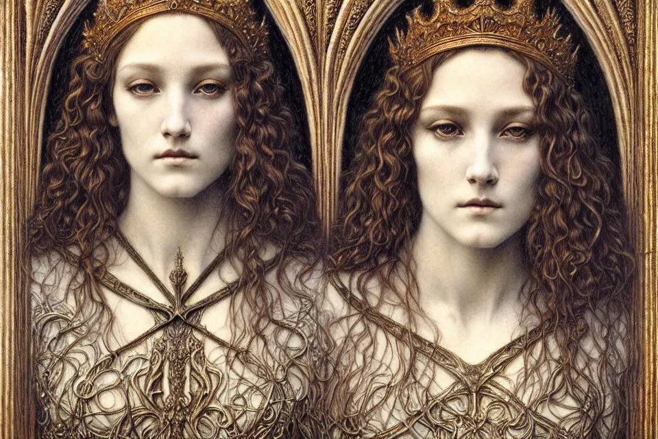 Image similar to detailed realistic beautiful young medieval queen face portrait by jean delville, gustave dore and marco mazzoni, art nouveau, symbolist, visionary, gothic, pre - raphaelite. horizontal symmetry