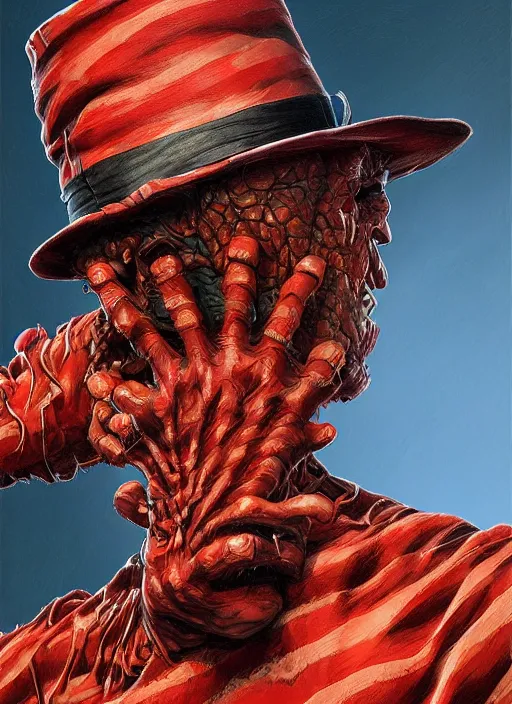 Image similar to Freddy Krueger, highly detailed, centered, solid color background, digital painting, artstation, concept art, smooth, sharp focus, illustration, Jason Edmiston, donato giancola, Joseph Christian Leyendecker, Les Edwards, Ed Repka, WLOP, Artgerm