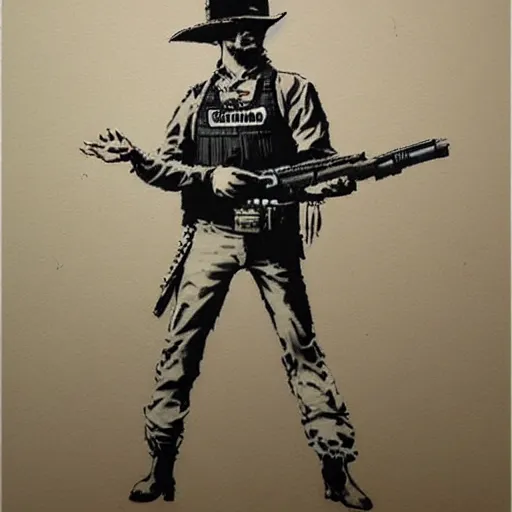 Image similar to heavily armed cowboy, drawn by banksy