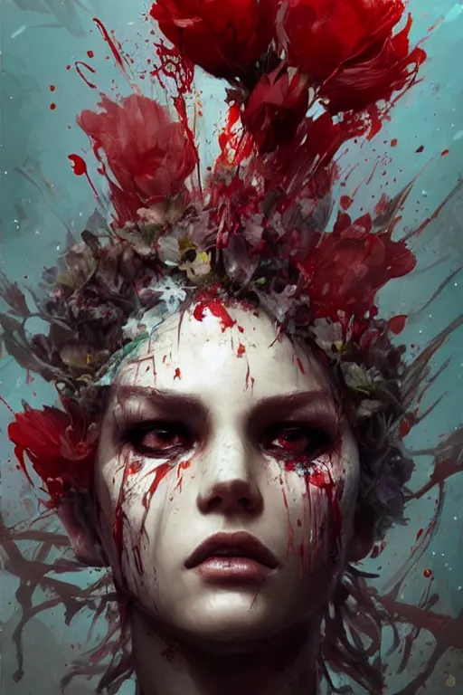 Image similar to abstract face closeup of beautiful girl predator covered with blood, 3 d render, hyper realistic detailed portrait, holding magic flowers, ruan jia, wlop. scifi, fantasy, hyper detailed, octane render, concept art, by peter mohrbacher, by wlop, by ruan jia