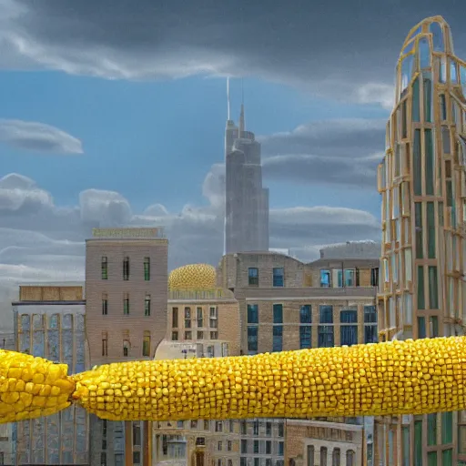 Prompt: a city with buildings made of corn, realism, 8k high resolution