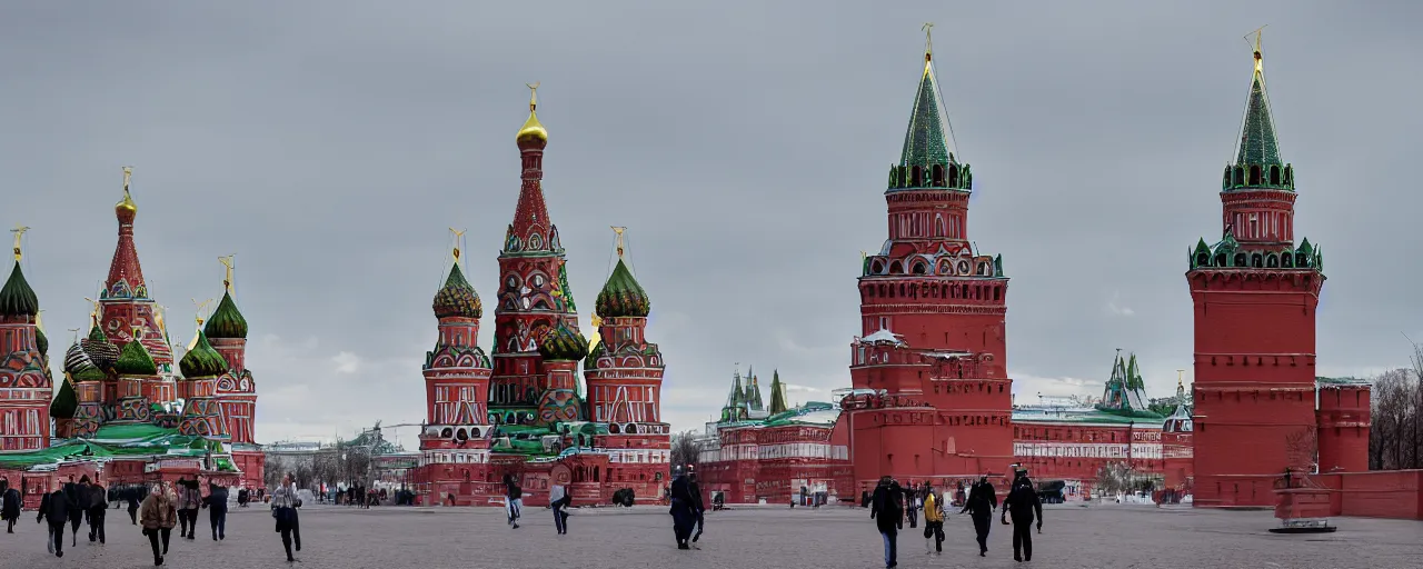 Image similar to Moscow Kremlin is on fire, people are panicking, dark atmosphere. Photography.