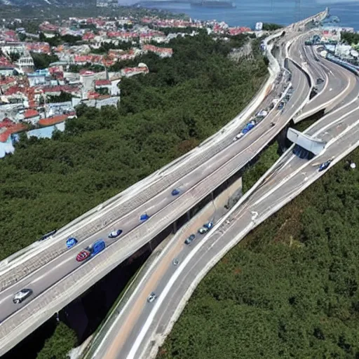 Image similar to drone image of bumper-to-bumper traffic on Tuzla Island Crimea Bridge