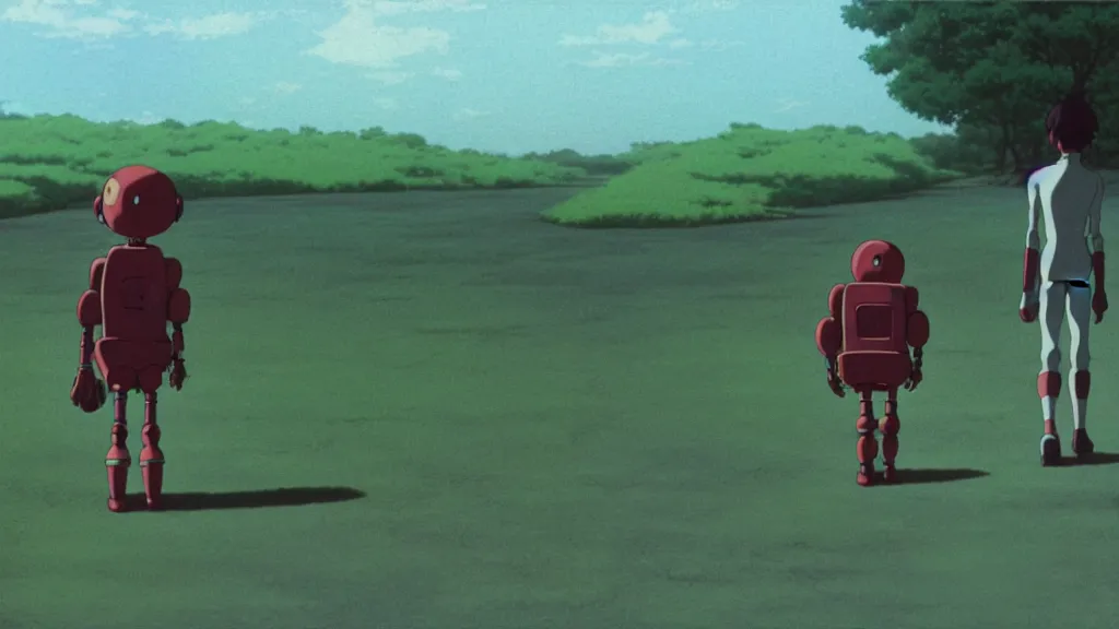 Prompt: a boy and his robot friend walking to school, anime film still from Studio Ghibli movie with art direction by Zdzisław Beksiński, wide lens