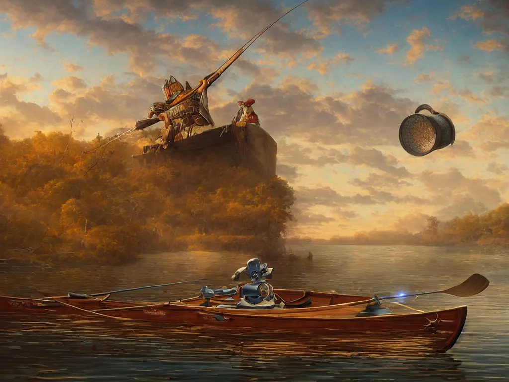 Image similar to simple retro robot, fishing in a wooden canoe, whimsical, highly detailed, michael cheval, peter mohrbacher, boris vallejo, jessica rossier, oil painting, highly detailed, cinematic lighting, tilt shift, golden hour