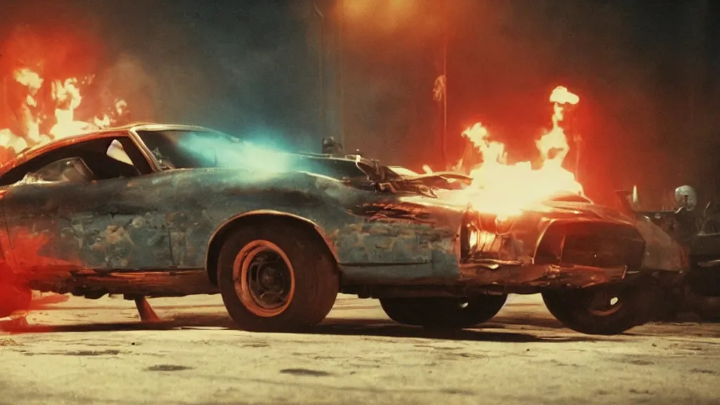 Image similar to film still from the movie death race three thousand, cult cinema, pulp cinema, vintage, nineteen seventies, saturated color, cinematic lighting, cinematic composition, ultra realistic, highly detailed, wide screen, panavision