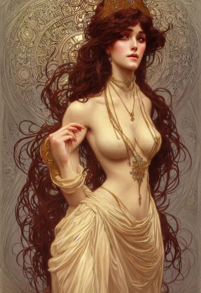 Image similar to character portrait of a modest woman, tall, feminine, powerful, modestly clothed, voluminous, intricate, elegant, highly detailed, digital painting, artstation, smooth, symmetrical, sharp focus, illustration, art by gaston bussiere and alphone mucha