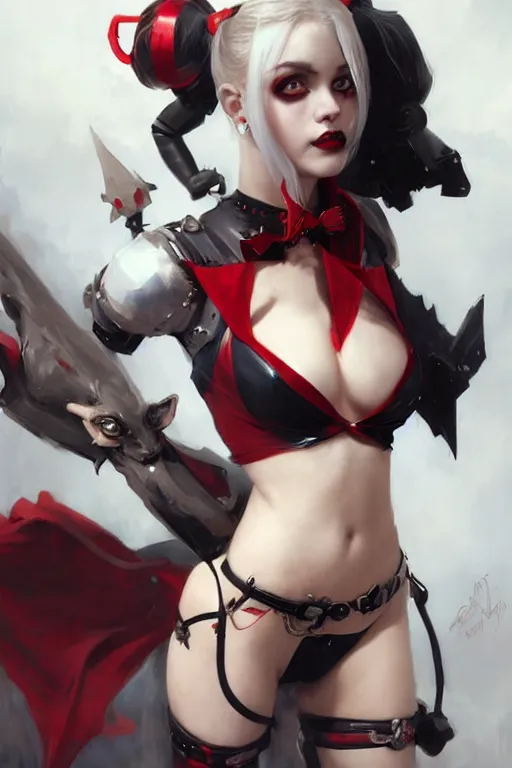 Prompt: portrait of cute succubus Harley Quinn in bikini armor, dc comics, cyberpunk, Warhammer 40000, dark fantasy, digital art from artstation by Ruan Jia and Mandy Jurgens and Artgerm and william-adolphe bouguereau