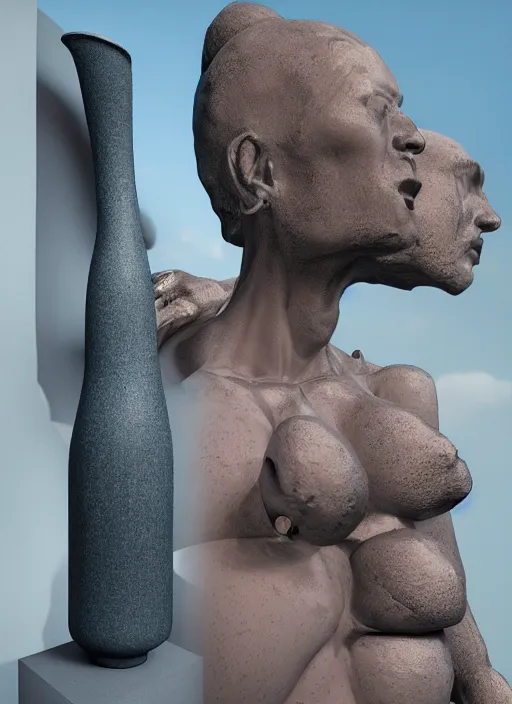 Image similar to a sculpture of a man standing next to a tall vase, a raytraced image by Hikari Shimoda, polycount, video art, vray tracing, ray tracing, rendered in unreal engine