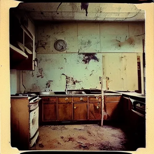 Prompt: a kitchen with an elephant's foot chernobyl, polaroid photo, perfect photo, photo pinterest