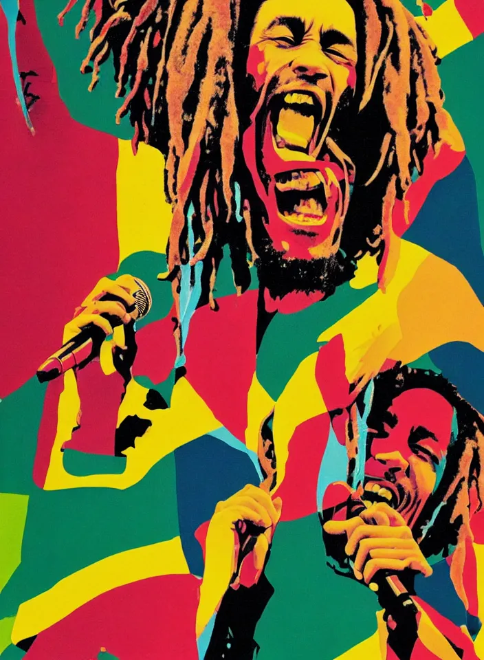 Prompt: graphic design of bob marley singing by milton glaser and lilian roxon, detailed