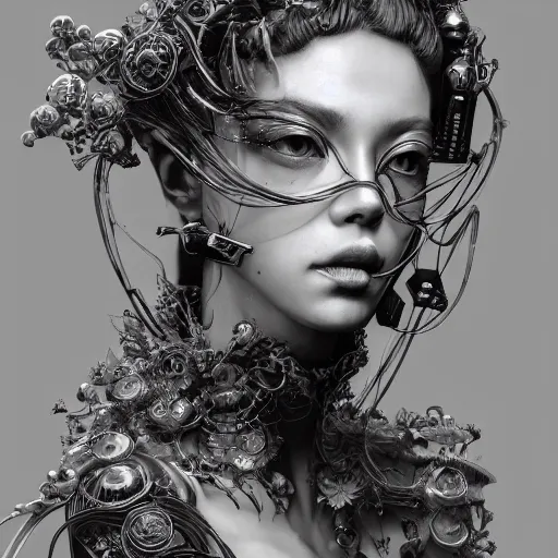 Prompt: the portrait of an absurdly beautiful, graceful, elegant, sophisticated, fashionable cyberpunk gravure idol, an ultrafine hyperdetailed illustration by kim jung gi, irakli nadar, takato yamamoto, intricate linework, bright colors, porcelain skin, unreal engine 5 highly rendered, fractal background, global illumination, radiant light, detailed and intricate environment