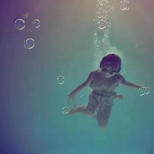Image similar to deep underwater photo with nothing but water and bubbles and a tiny cyborg in the center. Cinematic post-processing. Award winning