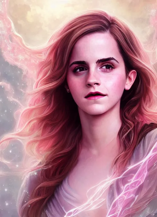 Image similar to emma watson as nature magic celestial, long hair, pink and white, transparent cloth, space, D&D, shiny background, intricate, elegant, highly detailed, digital painting, artstation, concept art, smooth, sharp focus, illustration, artgerm, bouguereau